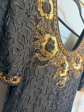 Laurence Kazar Vintage Beaded Silk Maxi Dress Black Gold Floral Sequin M